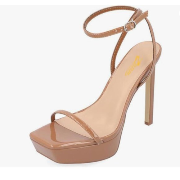 Zszszsu Brown Open Square Toe Strappy Platform Sandals Stiletto High Heels Shoes - Picture 1 of 8